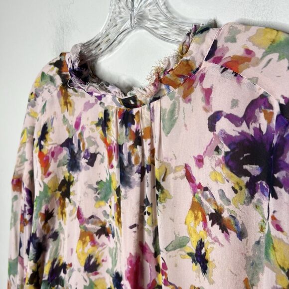 Pilcro Floral Blouse Womens XL Pink Sheer Button Front Ruffle Neck Anthropologie - Picture 12 of 12